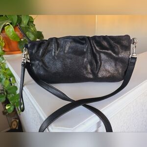 Lucky Brand Lizz Black Leather With Metallic Sheen Crossbody/ Wristlet Bag